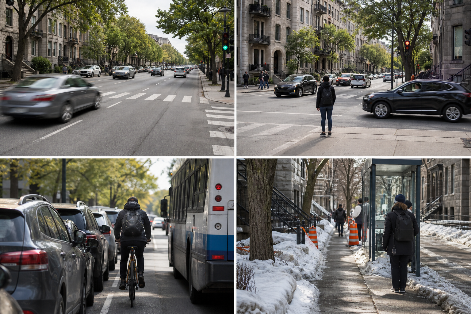 Mosaïque de quatre scènes urbaines illustrant des enjeux de sécurité routière sur une avenue montréalaise.
